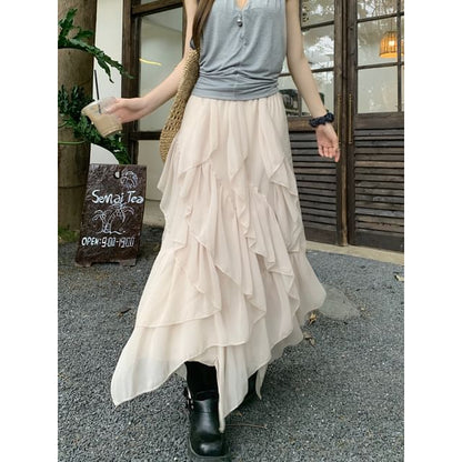 Mid Rise Plain Ruffle Asymmetrical Maxi A-Line Skirt