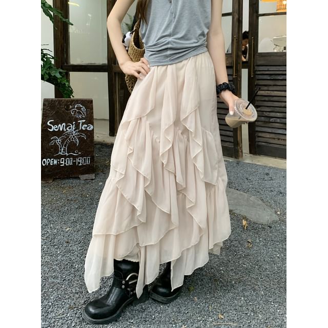Mid Rise Plain Ruffle Asymmetrical Maxi A-Line Skirt