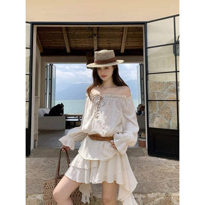 Set: Puff-Sleeve Off-Shoulder Plain Ruffle Lace-Up Blouse + Belt + High Waist Asymmetrical Mini A-Line Skirt