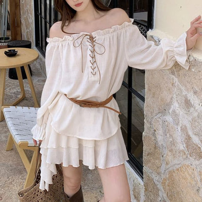 Set: Puff-Sleeve Off-Shoulder Plain Ruffle Lace-Up Blouse + Belt + High Waist Asymmetrical Mini A-Line Skirt