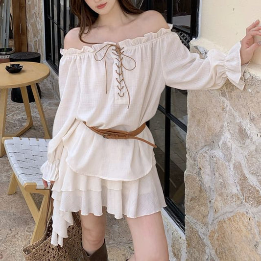Set: Puff-Sleeve Off-Shoulder Plain Ruffle Lace-Up Blouse + Belt + High Waist Asymmetrical Mini A-Line Skirt