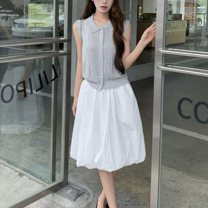Mid Rise Plain A-Line Skirt / Collar Lace Trim Button-Up Tank Top