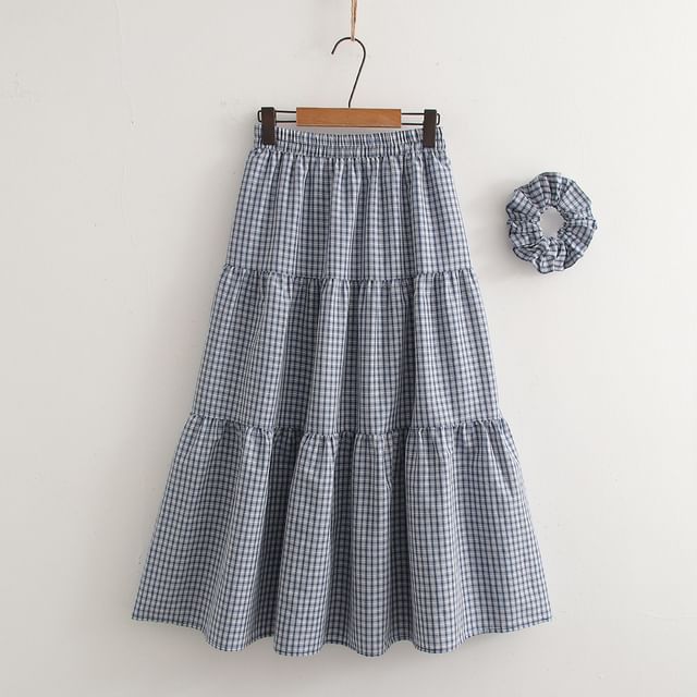 Elastic Waist Plaid Midi A-Line Skirt