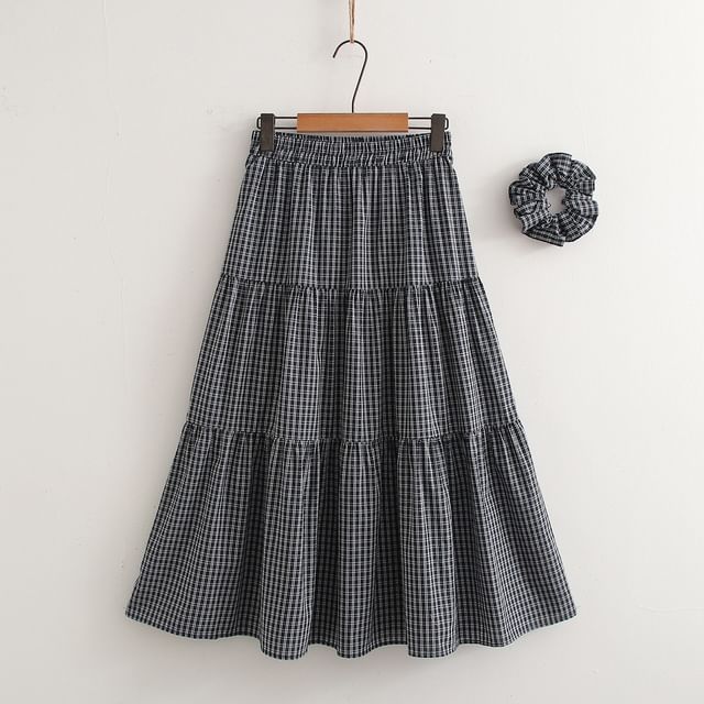 Elastic Waist Plaid Midi A-Line Skirt