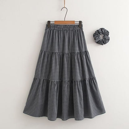 Elastic Waist Plaid Midi A-Line Skirt