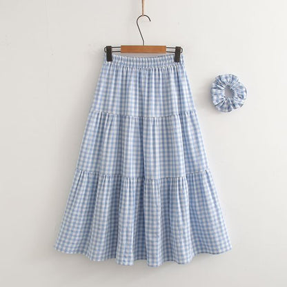 Elastic Waist Plaid Midi A-Line Skirt