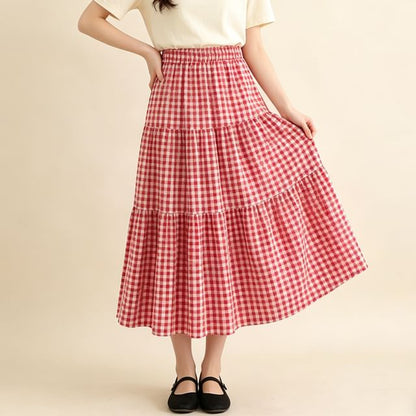 Elastic Waist Plaid Midi A-Line Skirt