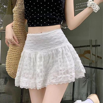 High Waist Lace-Trim Textured Mini A-Line Skirt