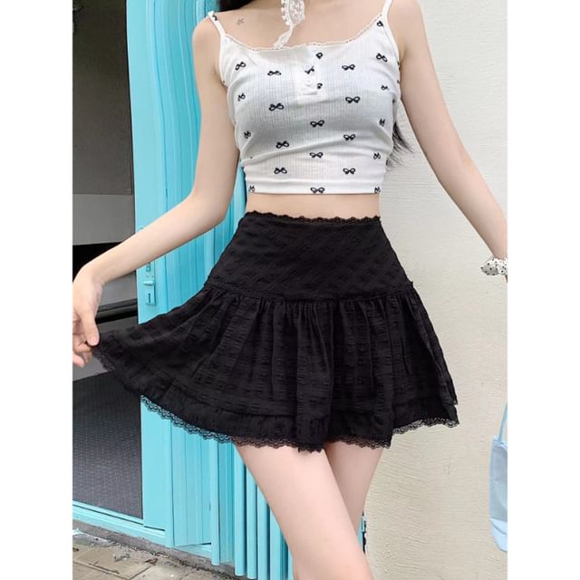 High Waist Lace-Trim Textured Mini A-Line Skirt