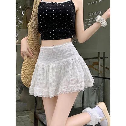 High Waist Lace-Trim Textured Mini A-Line Skirt
