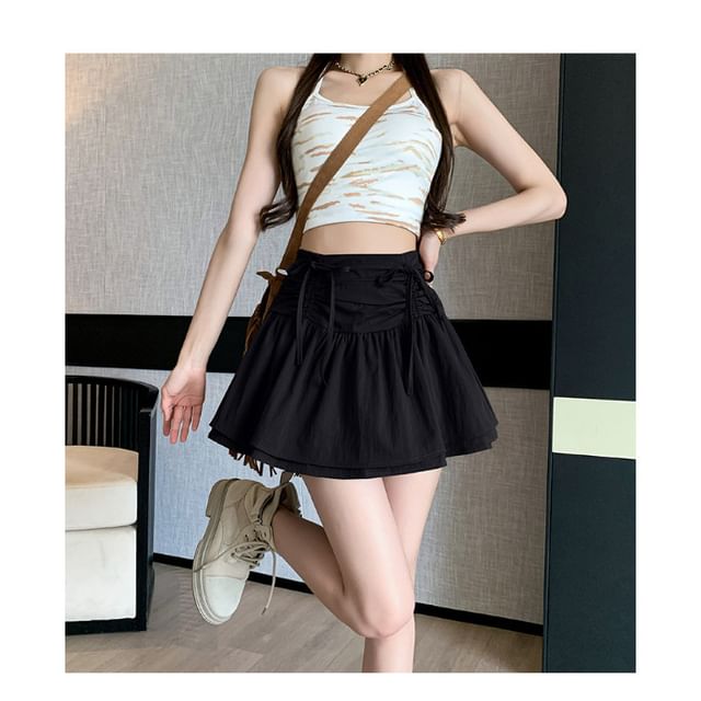 High Waist Plain Ruched Mini Layered A-Line Skirt