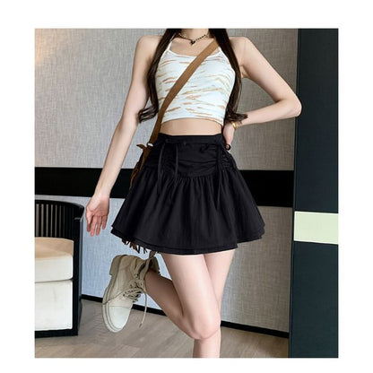 High Waist Plain Ruched Mini Layered A-Line Skirt