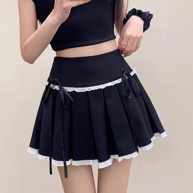 High Waist Lace-Trim Mini Pleated A-Line Skirt