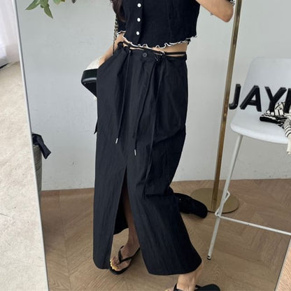 Low Waist Plain Slit Cargo Maxi Pencil Skirt
