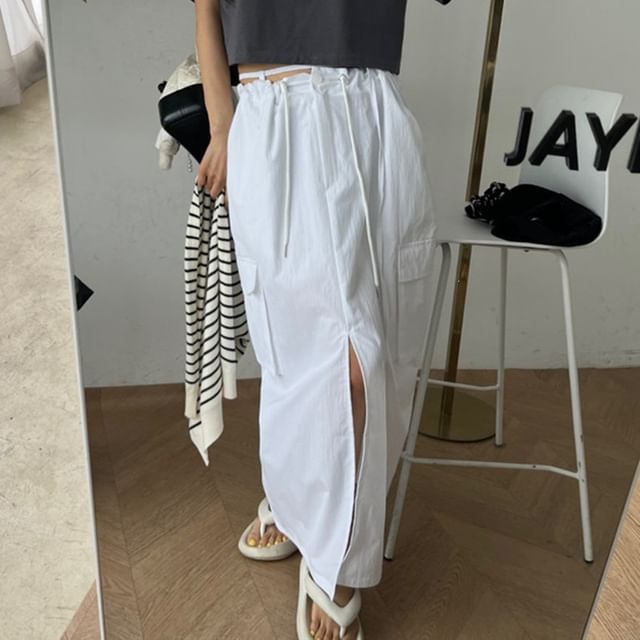 Low Waist Plain Slit Cargo Maxi Pencil Skirt