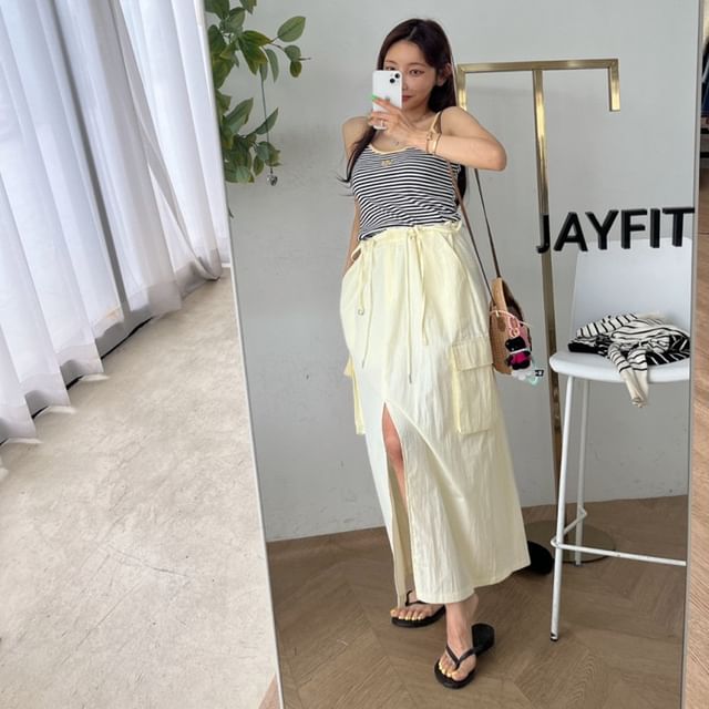 Low Waist Plain Slit Cargo Maxi Pencil Skirt