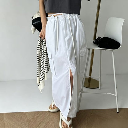 Low Waist Plain Slit Cargo Maxi Pencil Skirt