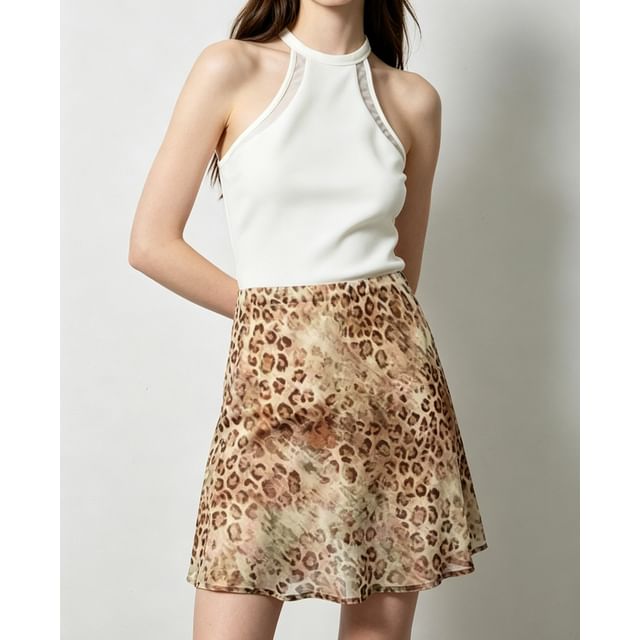 High waist Leopard Print Sheer Mini A-Line Skirt