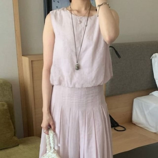 Set: Crewneck Plain Tank Top + High Waist Maxi A-Line Skirt