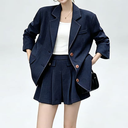 Set: Lapel Collar Stitching Single Breasted Blazer + High Waist Mini Pleated Skirt