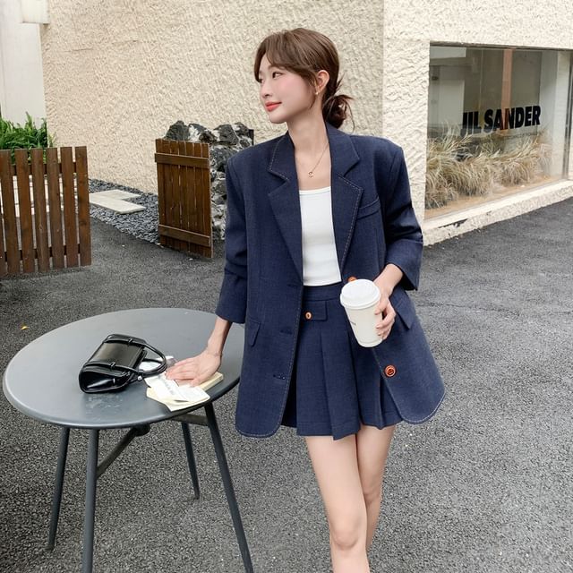 Set: Lapel Collar Stitching Single Breasted Blazer + High Waist Mini Pleated Skirt