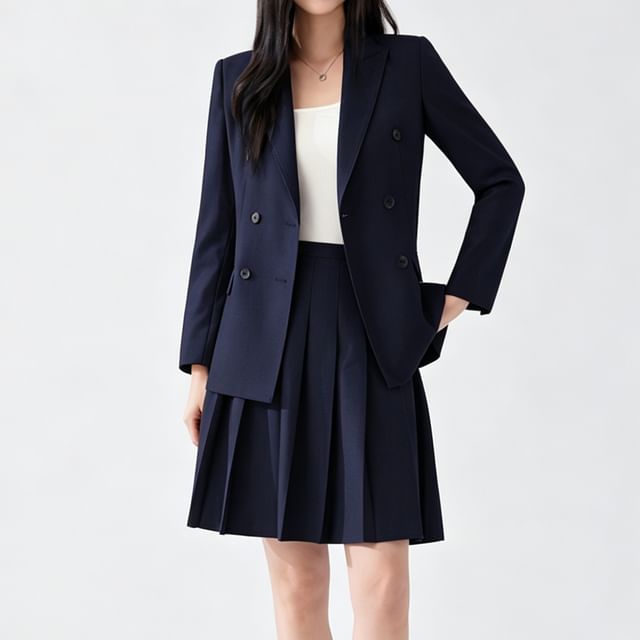 Double Breasted Plain Blazer / Mini Pleated Skirt / Set