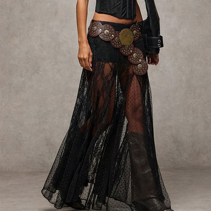 Low Rise See-Through Lace Maxi A-Line Skirt
