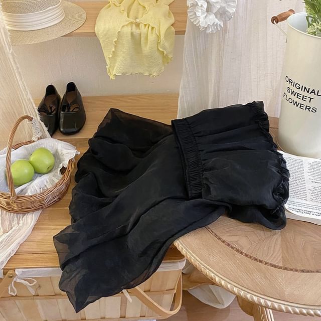 Mid Rise Sheer Panel Midi A-Line Skirt