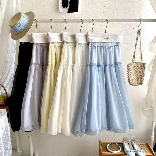 Mid Rise Sheer Panel Midi A-Line Skirt