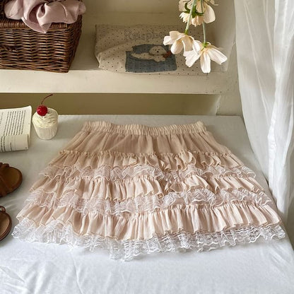 Mid Rise Plain Mini Lace Trim Tiered Skirt