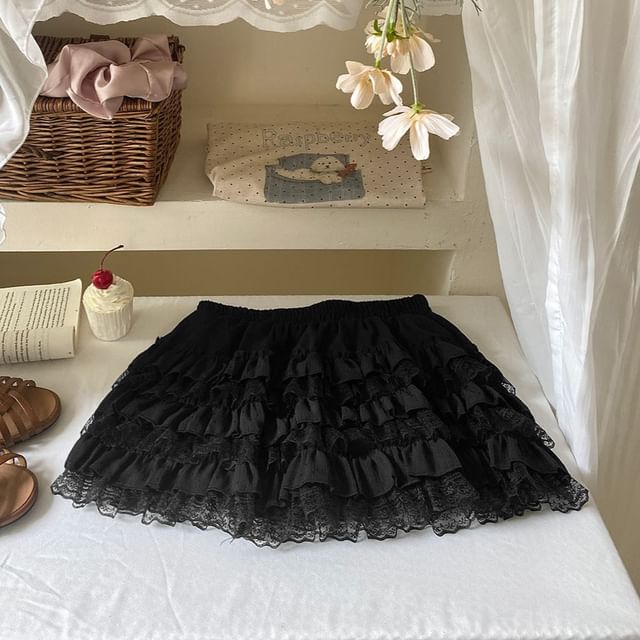Mid Rise Plain Mini Lace Trim Tiered Skirt