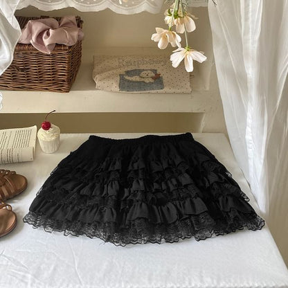 Mid Rise Plain Mini Lace Trim Tiered Skirt