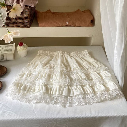 Mid Rise Plain Mini Lace Trim Tiered Skirt