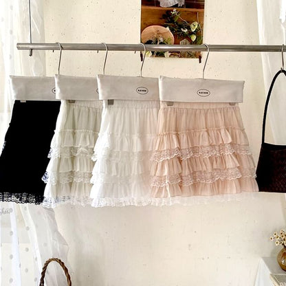 Mid Rise Plain Mini Lace Trim Tiered Skirt