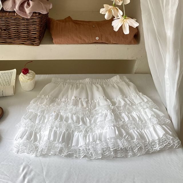 Mid Rise Plain Mini Lace Trim Tiered Skirt