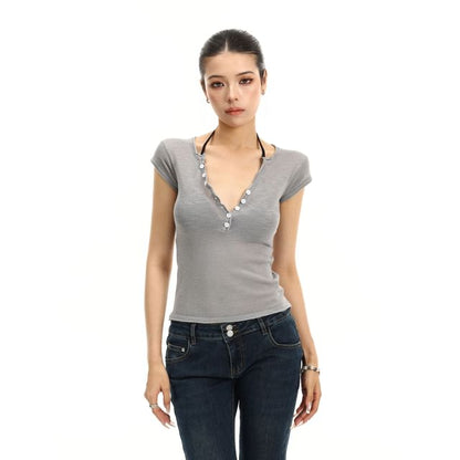 Cap-Sleeve V-Neck Plain Henley T-Shirt