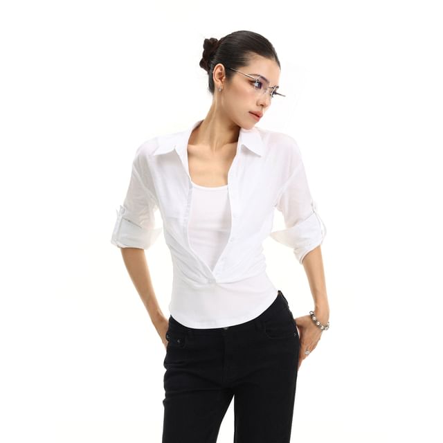 Long-Sleeve Collared Plain Half Button Shirt