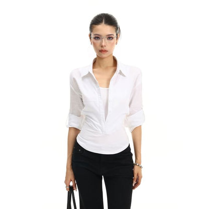 Long-Sleeve Collared Plain Half Button Shirt