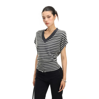 Cap-Sleeve V-Neck Striped T-Shirt