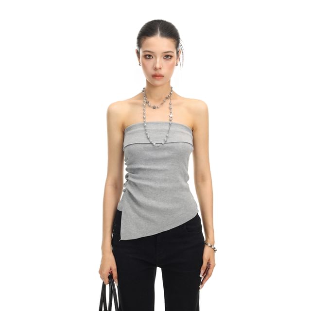 Strapless Plain Asymmetrical Crop Tube Top
