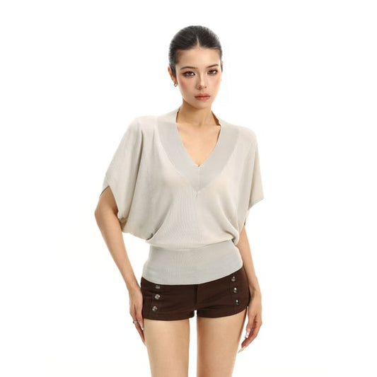 Short-Sleeve V-Neck Plain Knit Top