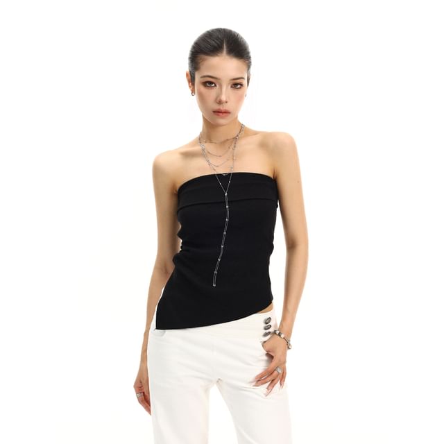 Strapless Plain Asymmetrical Crop Tube Top