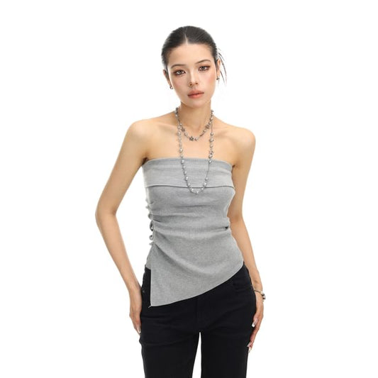 Strapless Plain Asymmetrical Crop Tube Top