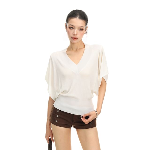 Short-Sleeve V-Neck Plain Knit Top
