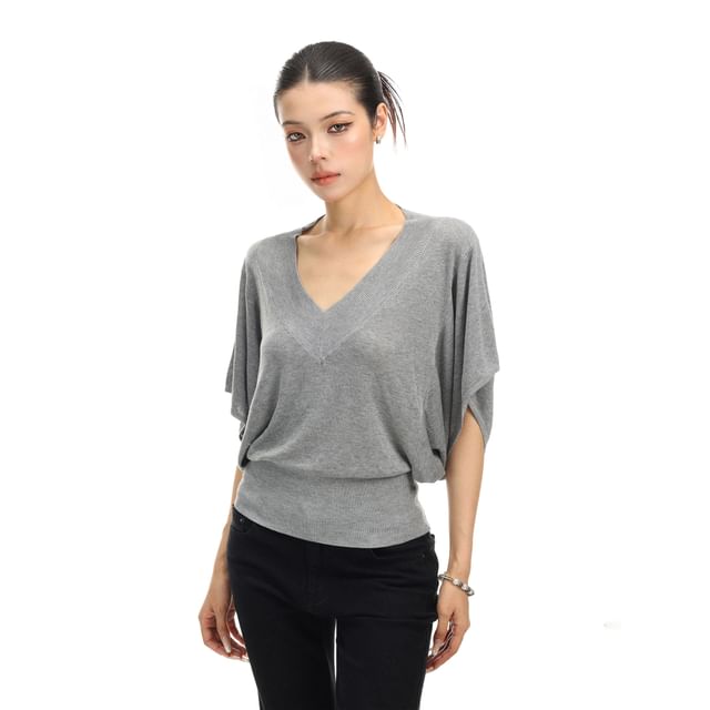 Short-Sleeve V-Neck Plain Knit Top