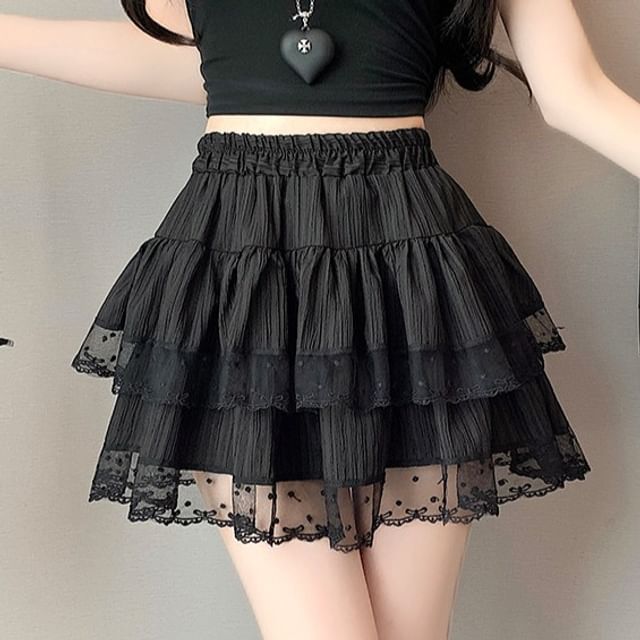 Elastic Waist Dotted Ruffle Panel Mesh Mini A-Line Skirt