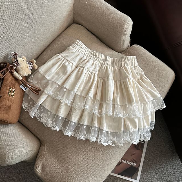 Elastic Waist Dotted Ruffle Panel Mesh Mini A-Line Skirt