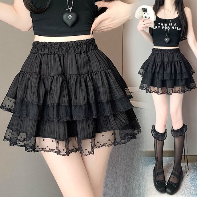Elastic Waist Dotted Ruffle Panel Mesh Mini A-Line Skirt