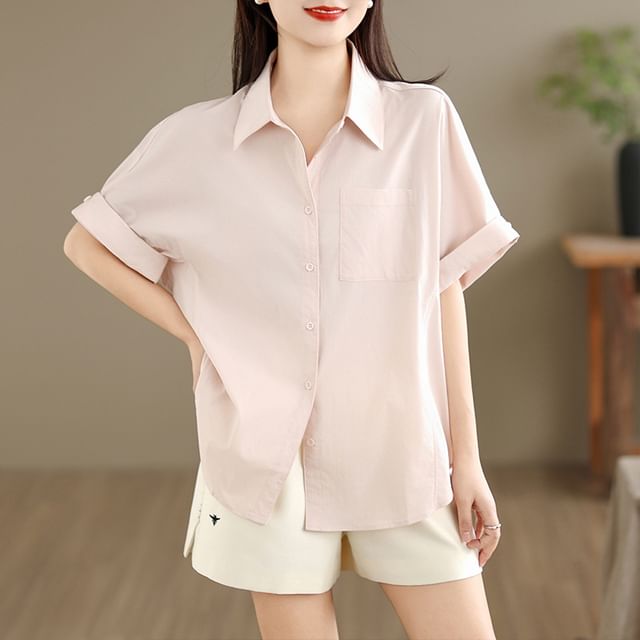 Short-Sleeve Plain Pocket Front Shirt