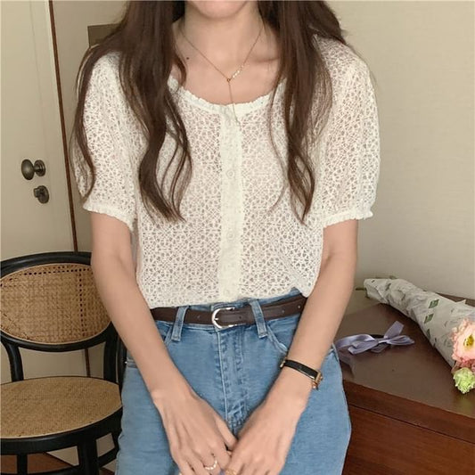 Short-Sleeve Scoop Neck Crochet Button Up Blouse